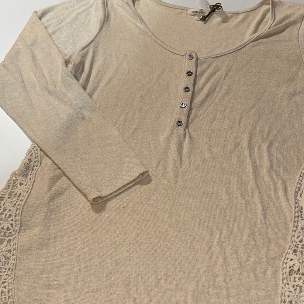 Paper Tee Tan Long Sleeve Top with‎ Lace Crochet Sides